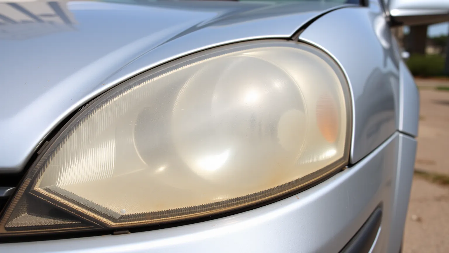 Cloudy, yellowed headlight lens on a silver car