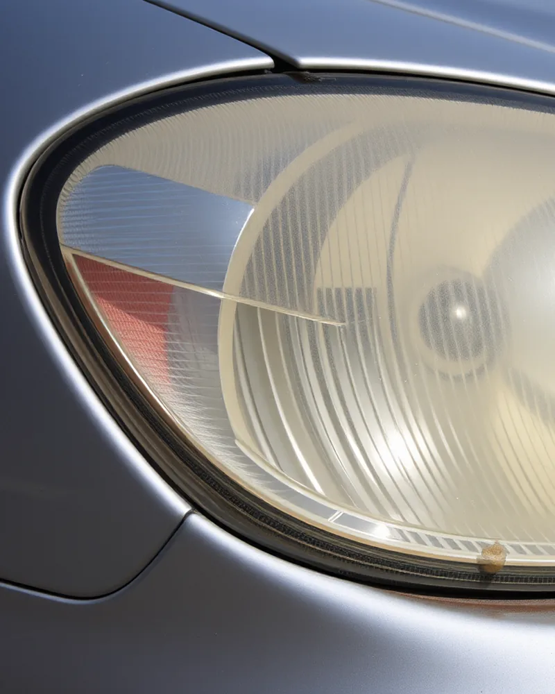 Example photo: a cloudy, yellowed headlight lens on a silver car