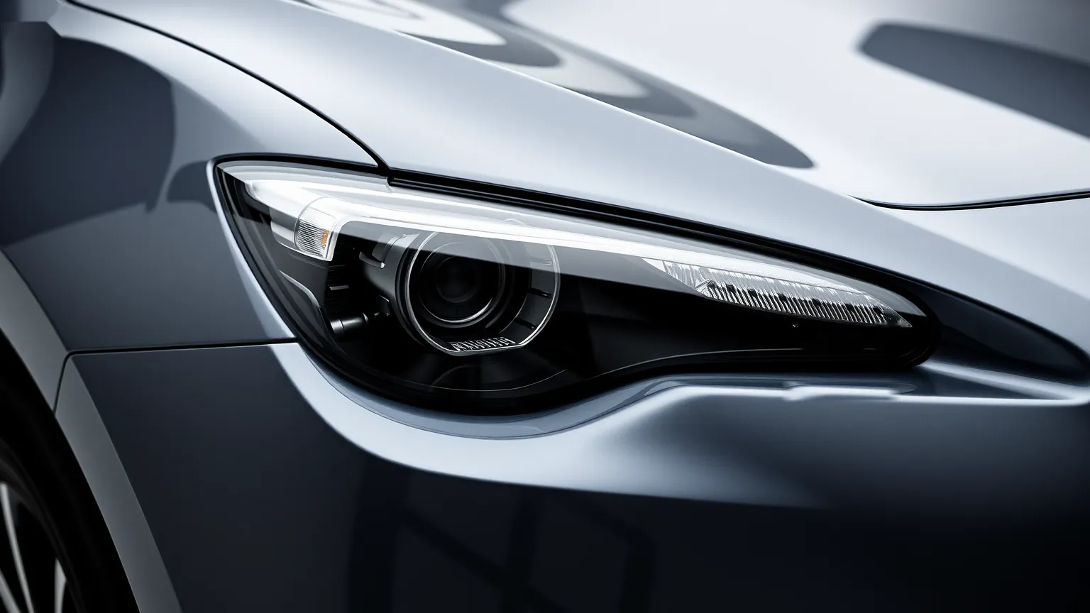 Close-up of a smoked headlight on a gray sports car