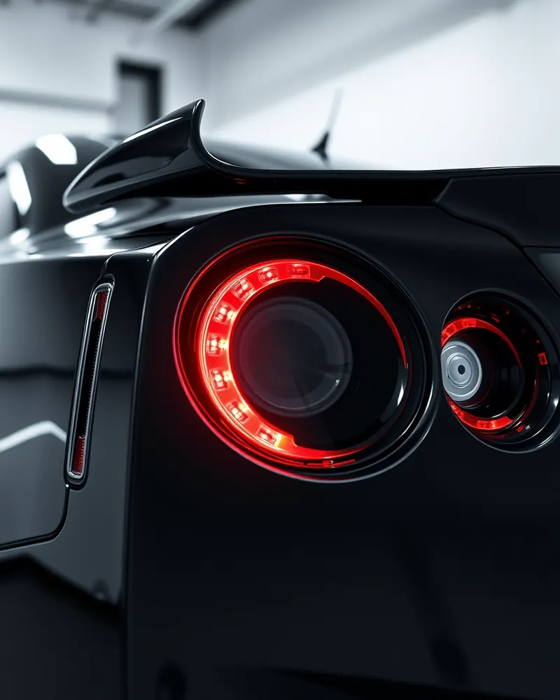 Example photo: a smoked round taillight glowing red on a black sports car